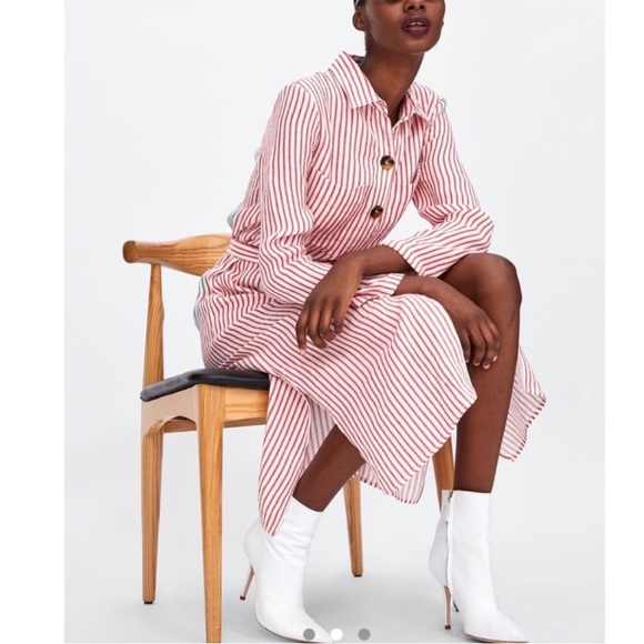 Zara Shirt Dress Red White Striped Linen Blend Midi Button Front Shirtdress - Picture 4 of 14